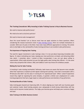 The Training Conundrum Why Investing in Sales Training Courses is Key to Business Success - TLSA