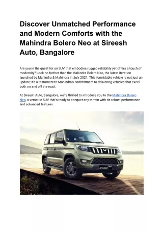 Discover Unmatched Performance and Modern Comforts with the Mahindra Bolero Neo at Sireesh Auto, Bangalore