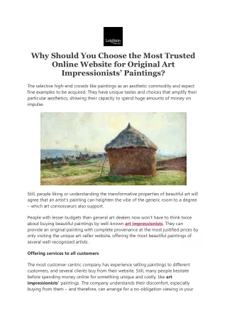 Why Should You Choose the Most Trusted Online Website for Original Art Impressionists