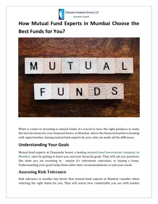 How Mutual Fund Experts in Mumbai Choose the Best Funds for You