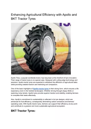 Enhancing Agricultural Efficiency with Apollo and BKT Tractor Tyres