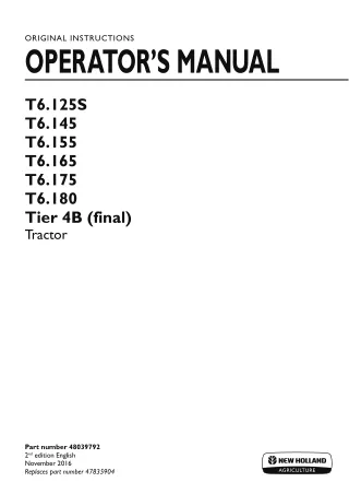 New Holland T6.125S T6.145 T6.155 T6.165 T6.175 T6.180 Tier4B (final) Tractor Operator’s Manual Instant Download (Public