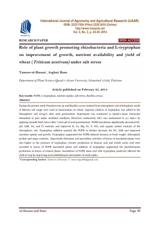 Role of plant growth promoting rhizobacteria and L-tryptophan on improvement