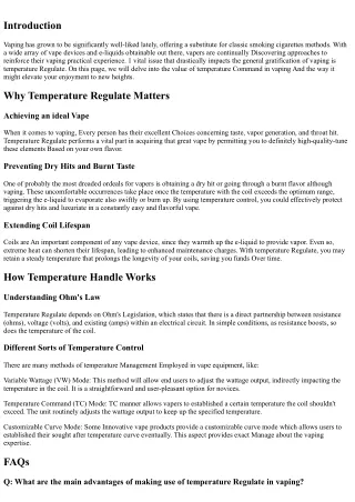 The Part of Temperature Manage in Boosting Your Vaping Encounter