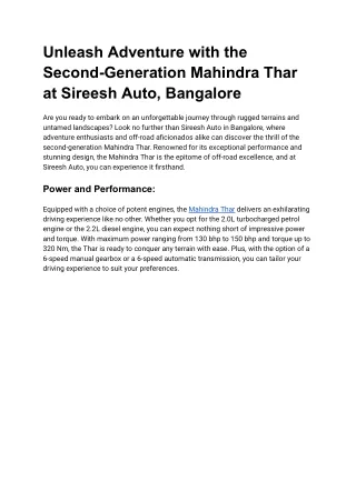 Unleash Adventure with the Second-Generation Mahindra Thar at Sireesh Auto, Bangalore