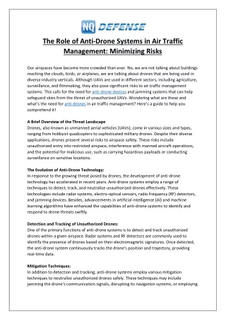 The Role of Anti-Drone Systems in Air Traffic Management- Minimizing Risks