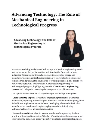 Advancing Technology The Role of Mechanical Engineering in Technological Progress