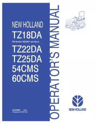 New Holland TZ18DA TZ22DA TZ25DA 54CMS 60CMS Tractors (Pin.HB20001 and above) Operator’s Manual Instant Download (Public