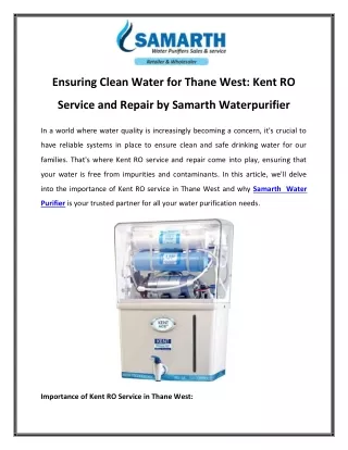 Ensuring Clean Water for Thane West Kent RO Service and Repair by Samarth Waterpurifier