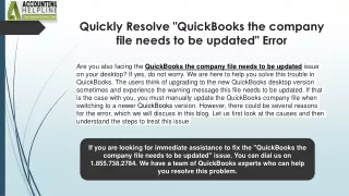 How to Fix QuickBooks the company file needs to be updated Issue