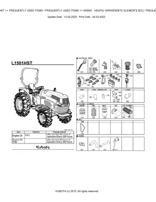 Kubota L1501HST Tractor Parts Catalogue Manual (Publishing ID BKIDK5294)