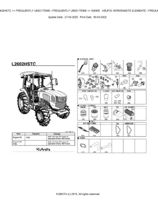 Kubota L2602HSTC Tractor Parts Catalogue Manual (Publishing ID BKIDK5229)