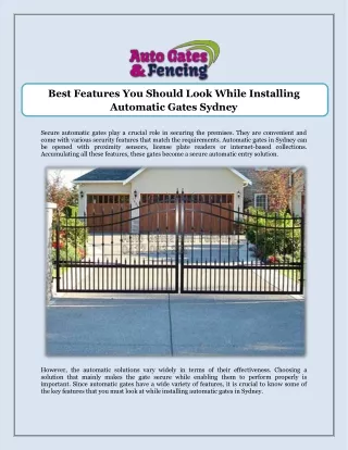 Best Features You Should Look While Installing Automatic Gates Sydney