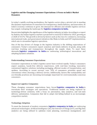 Logistics and the Changing Consumer Expectations A Focus on India's Market Dynamics