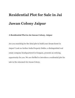 Residential Plot for Sale in Jai Jawan Colony Jaipur