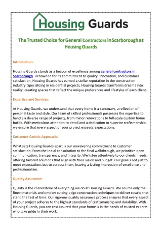 The Trusted Choice for General Contractors in Scarborough at Housing Guards