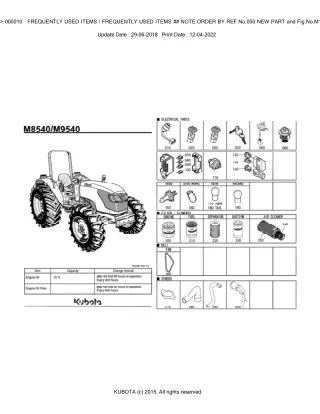 Kubota M9540DTH Tractor Parts Catalogue Manual (Publishing ID BKIDK0640)