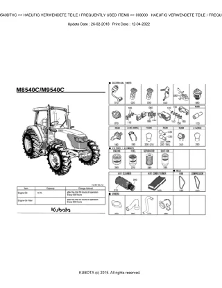Kubota M9540DTHC Tractor Parts Catalogue Manual (Publishing ID BKIDK0638)