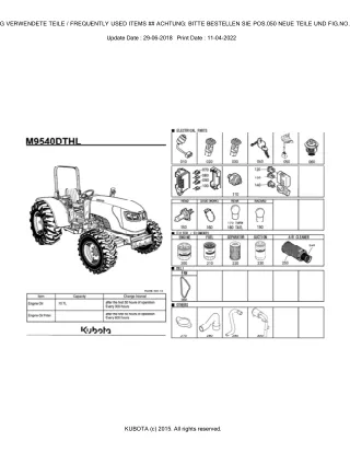 Kubota M9540DTHL Tractor Parts Catalogue Manual (Publishing ID BKIDK5033)