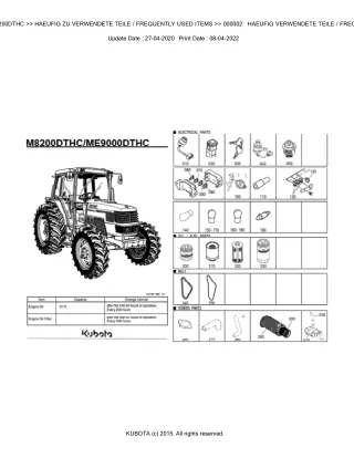 Kubota ME8200DTHC Tractor Parts Catalogue Manual (Publishing ID BKIDK0566)