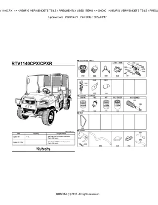 Kubota RTV1140CPX Utility Vehicle Parts Catalogue Manual (Publishing ID BKIDK5044)
