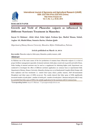 Growth and Yield of Phaseolus vulgaris as influenced by Different Nutrients