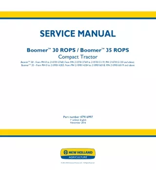 New Holland Boomer 35 ROPS Compact Tractor Service Repair Manual Instant Download PIN 2109016019 and above