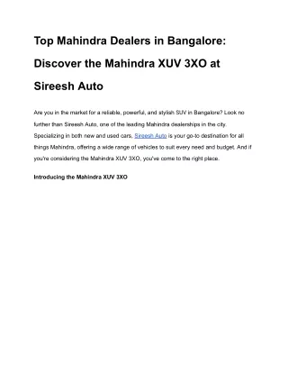 Top Mahindra Dealers in Bangalore_ Discover the Mahindra XUV 3XO at Sireesh Auto