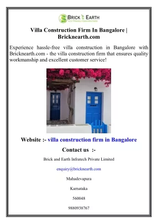 Villa Construction Firm In Bangalore   Bricknearth.com