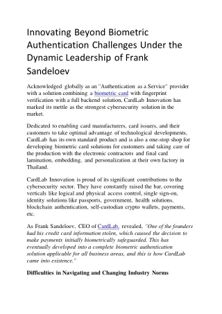 Innovating Beyond Biometric Authentication Challenges Under the Dynamic Leadership of Frank Sandeloev