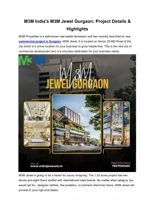 M3M India's M3M Jewel Gurgaon Project Details & Highlights