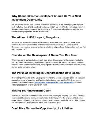 Chandrakantha Developers in Hsr Layout bangalore