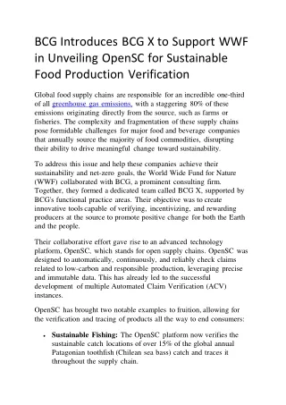 BCG Introduces BCG X to Support WWF in Unveiling OpenSC for Sustainable Food Production Verification