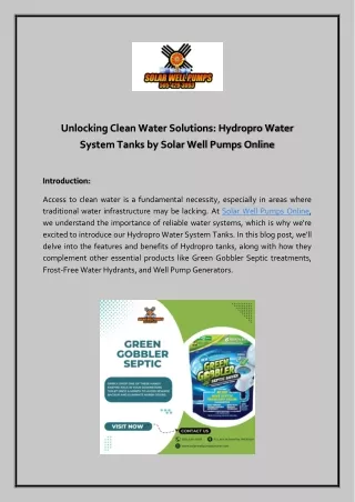 Unlocking Clean Water Solutions: Hydropro Water System Tanks by Solar Well Pumps