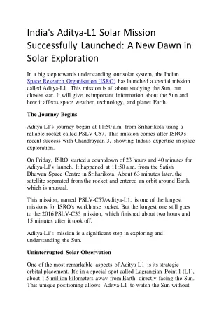 India's Aditya-L1 Solar Mission Successfully Launched: A New Dawn in Solar Explo