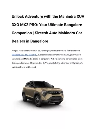 Unlock Adventure with the Mahindra XUV 3XO MX2 PRO_ Your Ultimate Bangalore Companion _ Sireesh Auto Mahindra Car Dealer