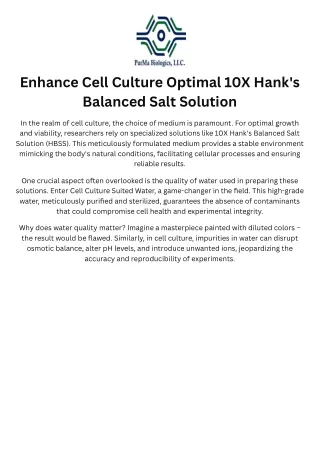 Enhance Cell Culture Optimal 10X Hank's Balanced Salt Solution