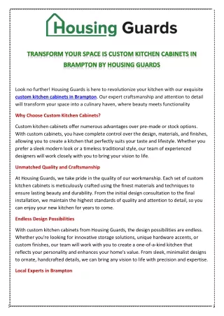 Transform Your Space is Custom Kitchen Cabinets in Brampton by Housing Guards