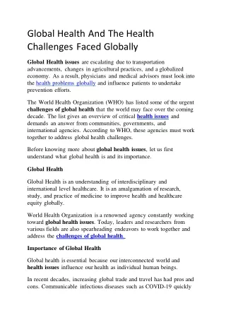 Global Health And The Health Challenges Faced Globally