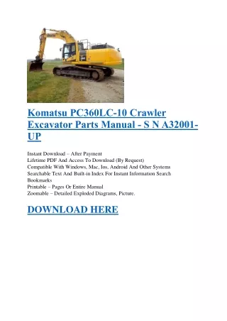 Komatsu PC360LC-10 Crawler Excavator Parts Manual - S N A32001-UP