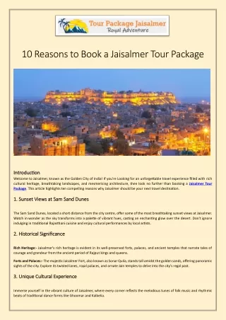 10 Reasons to Book a Jaisalmer Tour Package