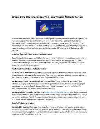 Streamlining Operations: OpenTeQ, Your Trusted NetSuite Partner