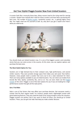 Get Your Stylish Piaggio Scooter Now from United Scooters