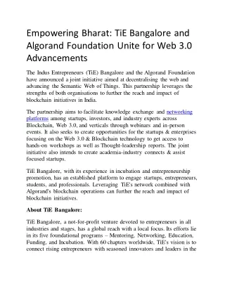 Empowering Bharat: TiE Bangalore and Algorand Foundation Unite for Web 3.0 Advan