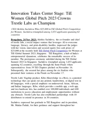 Innovation Takes Center Stage: TiE Women Global Pitch 2023 Crowns Trestle Labs a