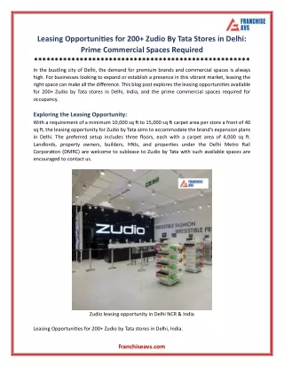 Leasing Opportunities for 200  Zudio By Tata Stores in Delhi