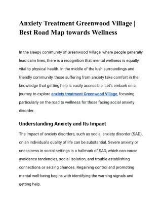 Anxiety Treatment Greenwood Village | Best Road Map towards Wellness