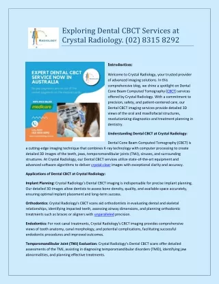 Exploring Dental CBCT Services at Crystal Radiology. (02) 8315 8292