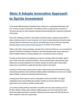 Stoic 9 Adopts Innovative Approach to Spirits Investment