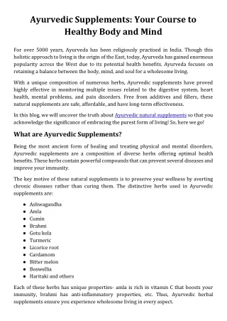 Ayurvedic Supplements: Your Course to Healthy Body and Mind